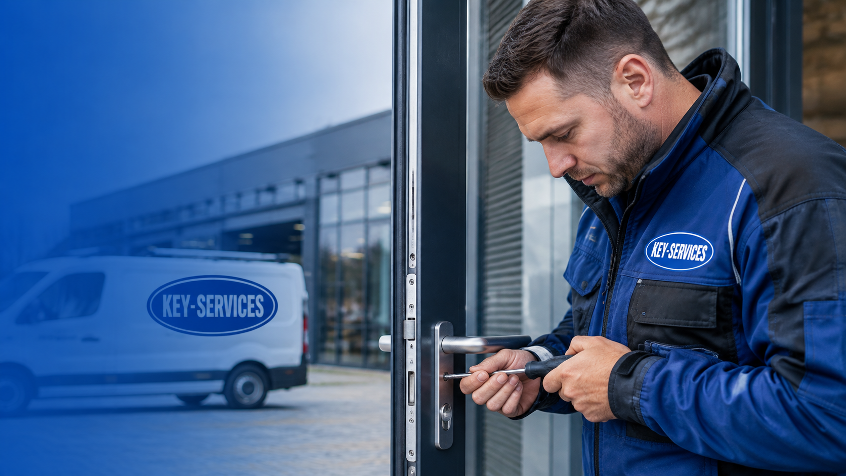 Key Services monteur bij zakelijke toegangsdeur